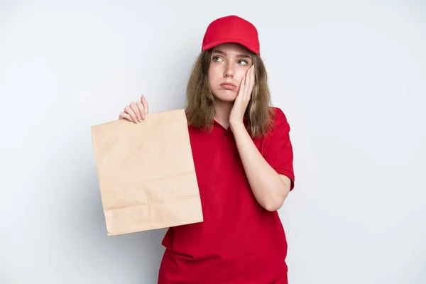 Caucasian Pretty Woman Feeling Bored Frustrated Sleepy Tiresome Delivery Take — Foto Stock