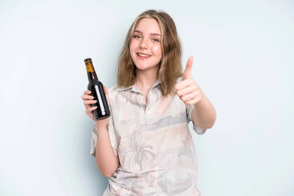 Caucasian Pretty Woman Feeling Proud Smiling Positively Thumbs Beer Concept — Fotografia de Stock