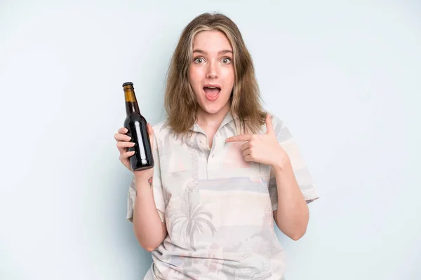 Caucasian Pretty Woman Feeling Happy Pointing Self Excited Beer Concept — Foto de Stock