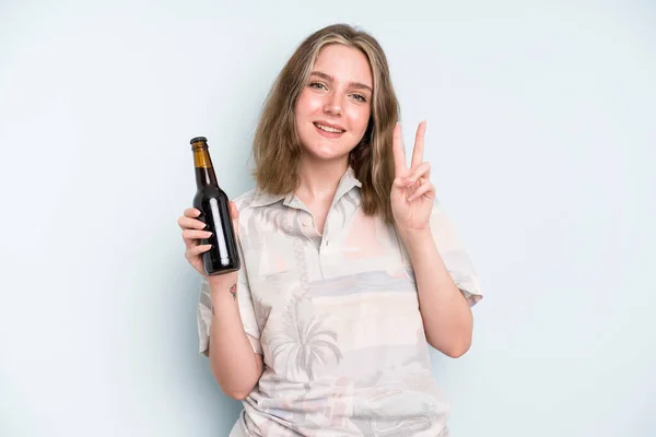 Caucasian Pretty Woman Smiling Looking Friendly Showing Number Two Beer — Photo