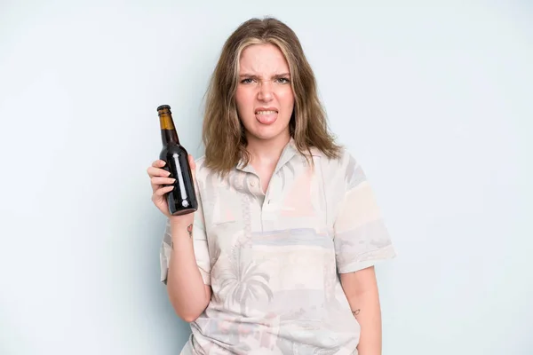 Caucasian Pretty Woman Feeling Disgusted Irritated Tongue Out Beer Concept —  Fotos de Stock