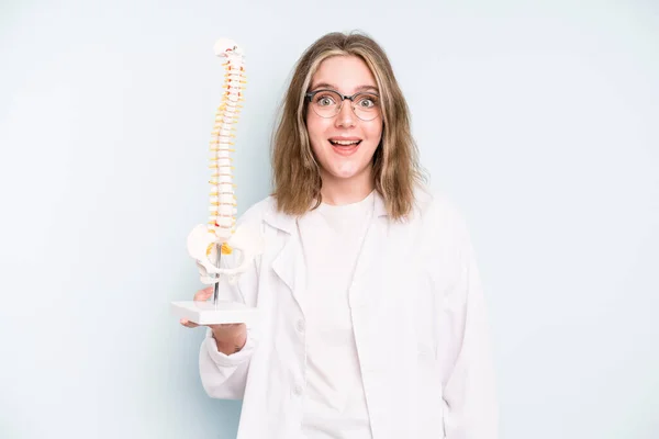 Caucasian Pretty Woman Looking Happy Pleasantly Surprised Spine Specialist Concept — Stock Fotó