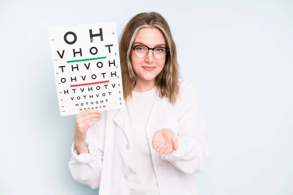 Caucasian Pretty Woman Looking Happy Astonished Surprised Optical Vision Test — Stockfoto