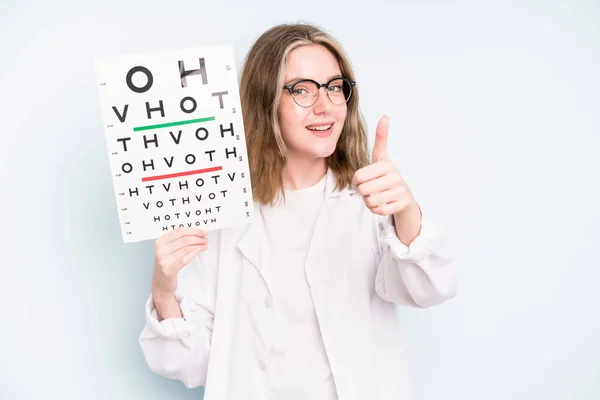 Caucasian Pretty Woman Feeling Cross Showing Thumbs Optical Vision Test — Stockfoto