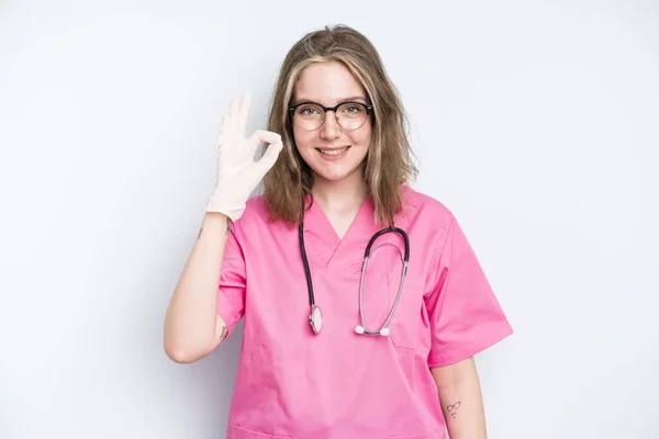 Caucasian Pretty Woman Feeling Shocked Laughing Celebrating Success Nurse Concept — Stockfoto