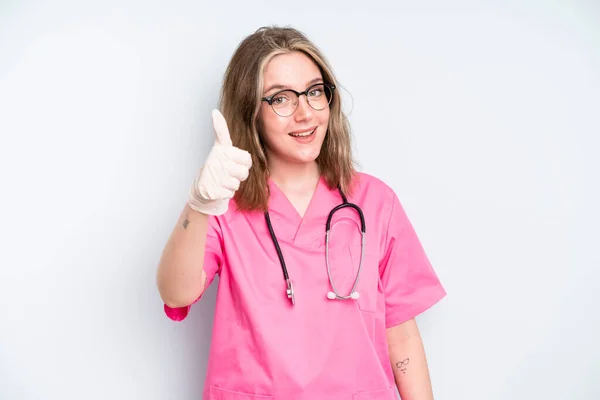 Caucasian Pretty Woman Feeling Cross Showing Thumbs Nurse Concept — Fotografia de Stock