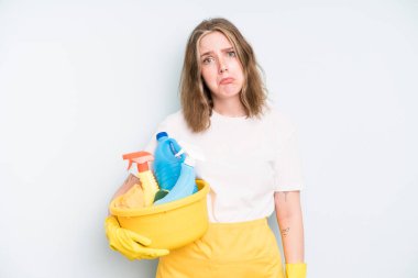 caucasian pretty woman feeling sad and whiney with an unhappy look and crying. housekeeper cleaning concept