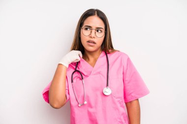 hispanic pretty woman feeling stressed, anxious, tired and frustrated. medicine student concept