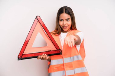 hispanic pretty woman smiling happily with friendly and  offering and showing a concept. car accident emergency concept