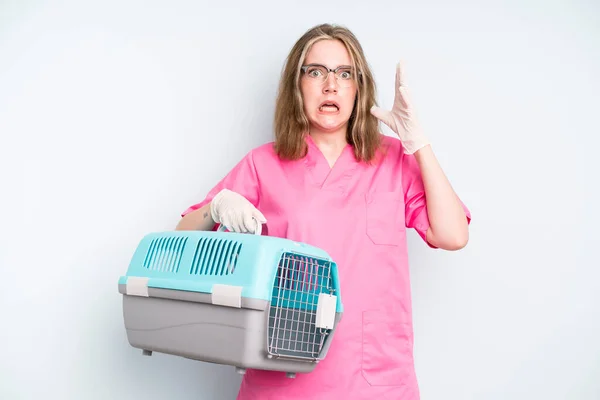 Caucasian Pretty Woman Feeling Disgusted Irritated Tongue Out Veterinarian Concept — Stockfoto