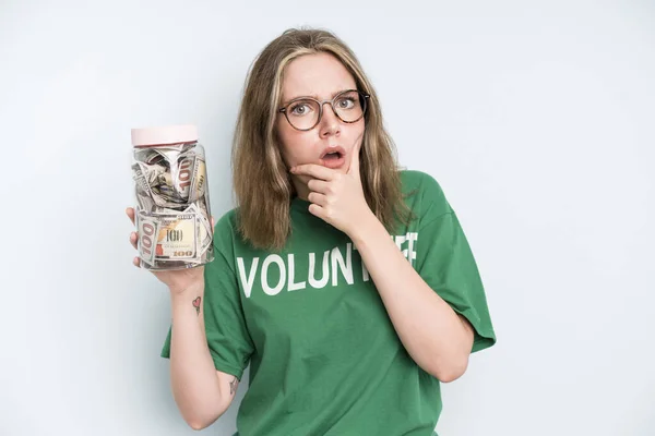 Caucasian Pretty Woman Covering Mouth Hands Shocked Donation Volunteer Concept — Foto de Stock