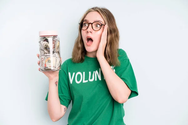 Caucasian Pretty Woman Thinking Feeling Doubtful Confused Donation Volunteer Concept — Fotografia de Stock