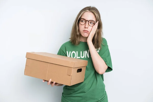 Caucasian Pretty Woman Feeling Happy Facing Challenge Celebrating Volunteer Donation — Stok fotoğraf