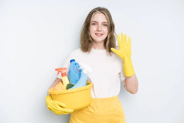 Caucasian Pretty Woman Smiling Looking Friendly Showing Number Five Housekeeper — Zdjęcie stockowe