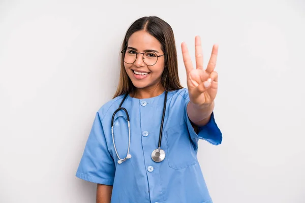 Hispanic Pretty Woman Smiling Looking Friendly Showing Number Three Medicine — Stock Fotó