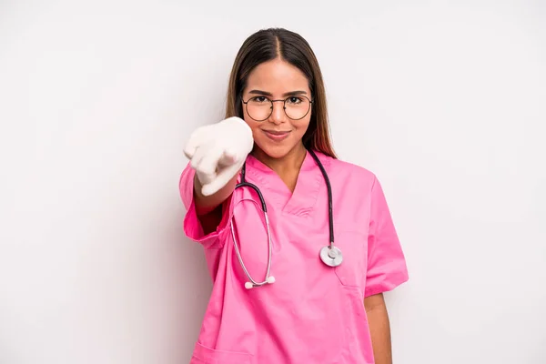 Hispanic Pretty Woman Pointing Camera Choosing You Medicine Student Concept — Stockfoto