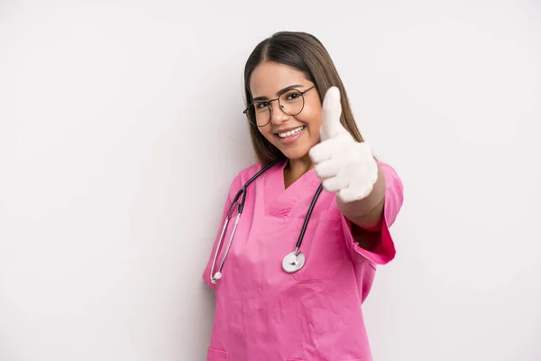 Hispanic Pretty Woman Feeling Proud Smiling Positively Thumbs Medicine Student — Stockfoto