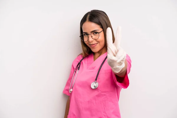 Hispanic Pretty Woman Smiling Looking Friendly Showing Number Two Medicine — Stockfoto
