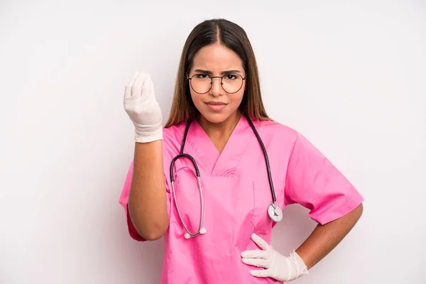 Hispanic Pretty Woman Making Capice Money Gesture Telling You Pay — Stockfoto