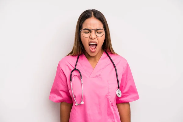 Hispanic Pretty Woman Shouting Aggressively Looking Very Angry Medicine Student — Foto Stock