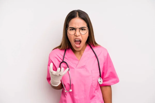 Hispanic Pretty Woman Looking Angry Annoyed Frustrated Medicine Student Concept — Stock Photo, Image