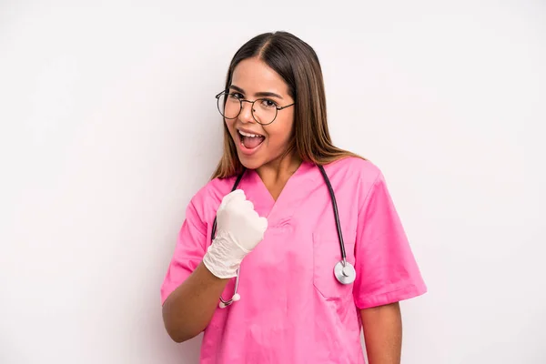 Hispanic Pretty Woman Feeling Happy Facing Challenge Celebrating Medicine Student — Stock fotografie