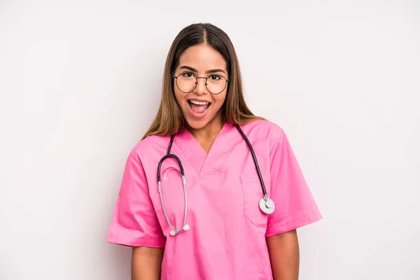 Hispanic Pretty Woman Looking Happy Pleasantly Surprised Medicine Student Concept — Foto Stock