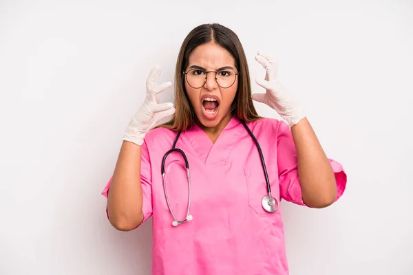 Hispanic Pretty Woman Screaming Hands Air Medicine Student Concept — Stock Photo, Image