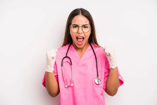 Hispanic Pretty Woman Shouting Aggressively Angry Expression Medicine Student Concept — Stock fotografie