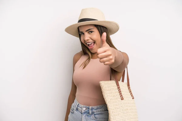 Hispanic Pretty Woman Feeling Proud Smiling Positively Thumbs Summer Holidays — Stockfoto