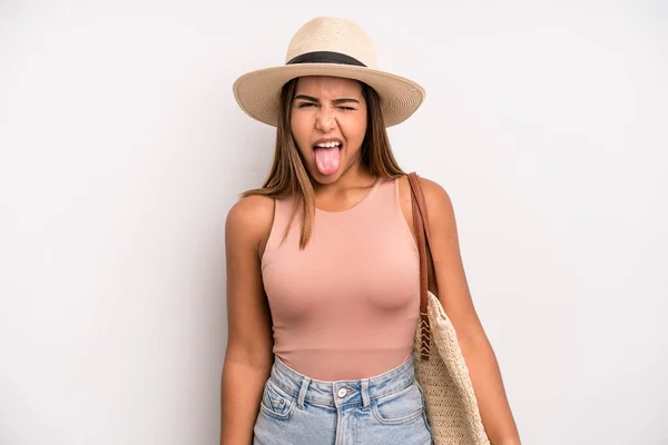 Hispanic Pretty Woman Cheerful Rebellious Attitude Joking Sticking Tongue Out — Foto de Stock