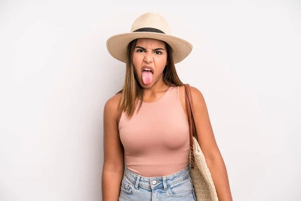 Hispanic Pretty Woman Feeling Disgusted Irritated Tongue Out Summer Holidays — Foto de Stock