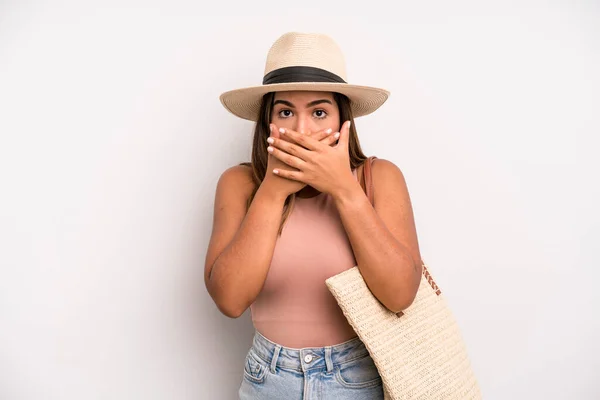 Hispanic Pretty Woman Covering Mouth Hands Shocked Summer Holidays Concept — Zdjęcie stockowe