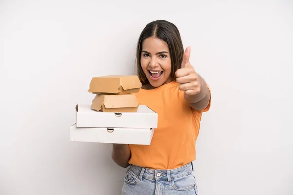 Hispanic Pretty Woman Feeling Proud Smiling Positively Thumbs Fast Food — Stock Photo, Image