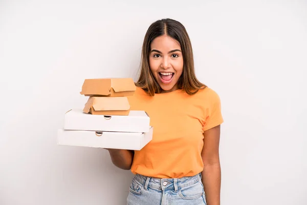 Hispanic Pretty Woman Looking Happy Pleasantly Surprised Fast Food Take — Stockfoto
