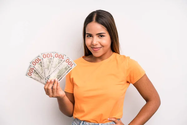 Hispanic Pretty Woman Smiling Happily Hand Hip Confident Dollar Banknotes — Foto Stock