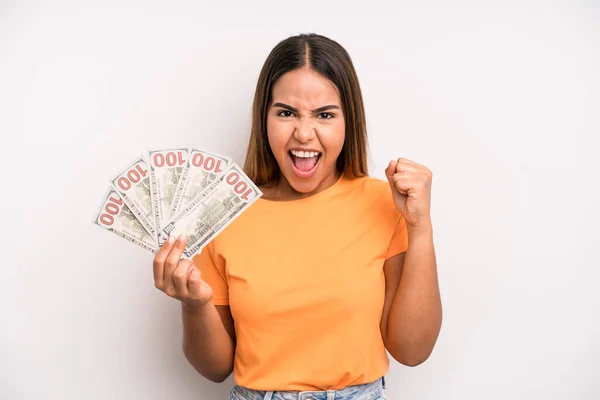 Hispanic Pretty Woman Feeling Shocked Laughing Celebrating Success Dollar Banknotes — Foto Stock