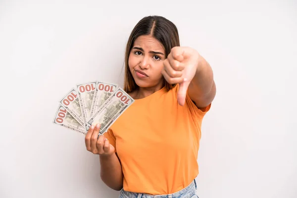 Hispanic Pretty Woman Feeling Cross Showing Thumbs Dollar Banknotes Savings — 스톡 사진