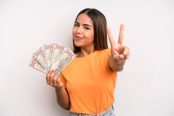 Hispanic Pretty Woman Smiling Looking Happy Gesturing Victory Peace Dollar — Foto Stock
