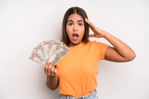 Hispanic Pretty Woman Looking Happy Astonished Surprised Dollar Banknotes Savings — Foto Stock