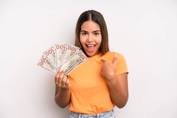 Hispanic Pretty Woman Feeling Happy Pointing Self Excited Dollar Banknotes — Foto Stock