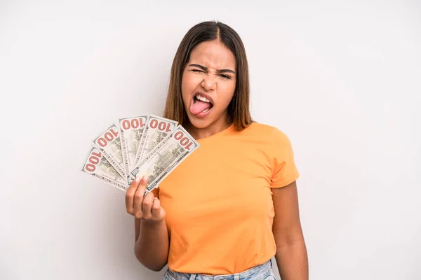 Hispanic Pretty Woman Cheerful Rebellious Attitude Joking Sticking Tongue Out — Foto Stock