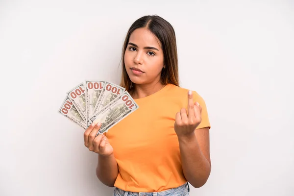Hispanic Pretty Woman Feeling Angry Annoyed Rebellious Aggressive Dollar Banknotes — Foto Stock
