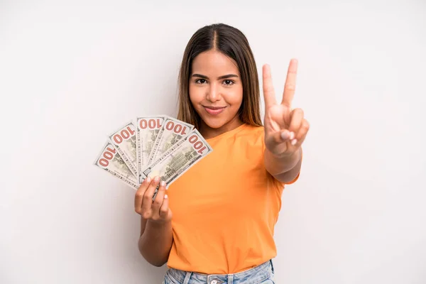 Hispanic Pretty Woman Smiling Looking Friendly Showing Number Two Dollar — Foto Stock