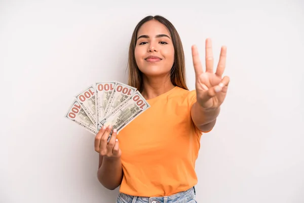 Hispanic Pretty Woman Smiling Looking Friendly Showing Number Three Dollar — Foto Stock