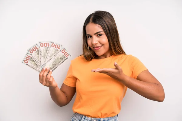 Hispanic Pretty Woman Smiling Cheerfully Feeling Happy Showing Concept Dollar — Foto Stock