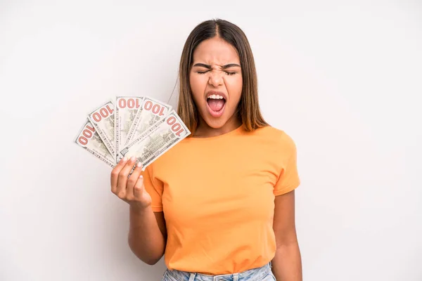 Hispanic Pretty Woman Shouting Aggressively Looking Very Angry Dollar Banknotes — Foto Stock