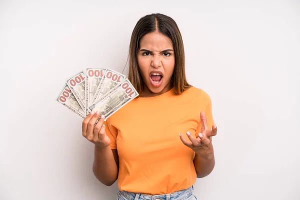 Hispanic Pretty Woman Looking Angry Annoyed Frustrated Dollar Banknotes Savings — Foto Stock