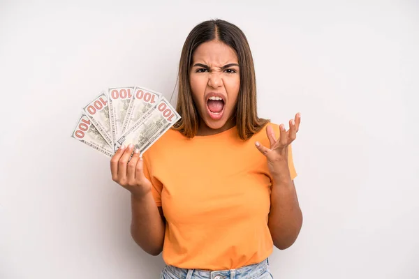 Hispanic Pretty Woman Looking Desperate Frustrated Stressed Dollar Banknotes Savings — Foto Stock