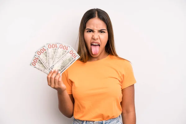 Hispanic Pretty Woman Feeling Disgusted Irritated Tongue Out Dollar Banknotes — Foto Stock